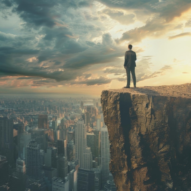 Businessman Stands on Cliff Overlooking Cityscape at Sunset Conceptualizing Ambition and Success Impressive Digital Art Style Perfect for Business Motivational Themes Generative AI