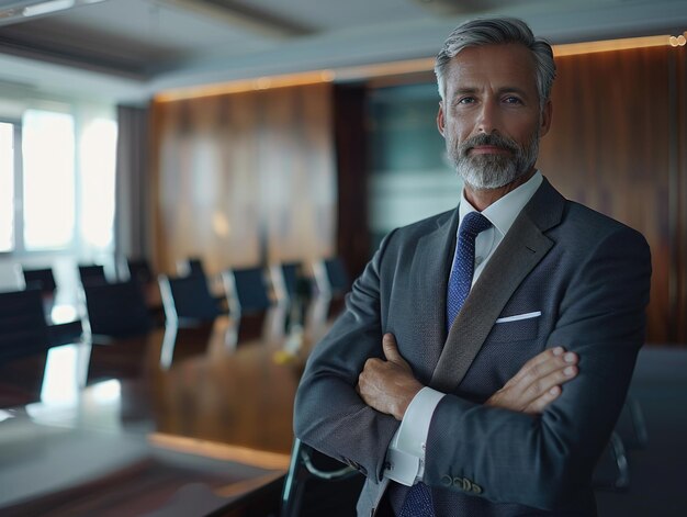 A businessman stands in front of a conference table ready for a meeting or presentation