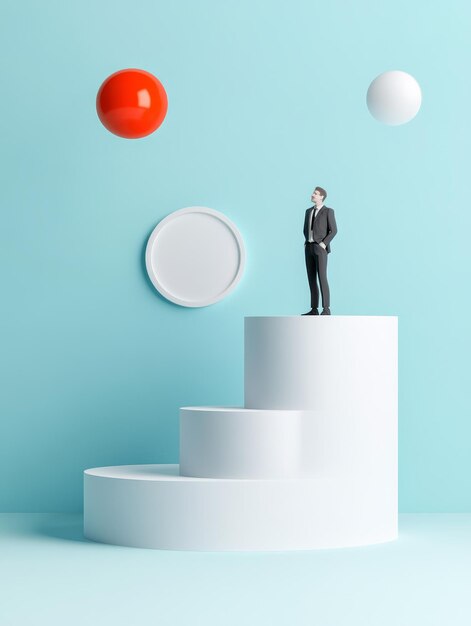 A businessman stands on a white platform looking up at a red sphere representing a goal He is