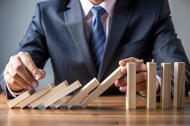 businessman stopping domino effect finger protect