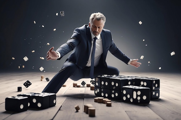 Photo businessman stopping dominoes strategy development and risk management concept