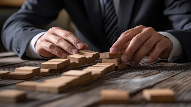 Photo businessman strategizing risk management with wooden blocks on desk in office environment