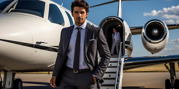 Photo businessman in suit boarding private plane for a business trip concept business trip private plane business attire corporate travel luxury lifestyle