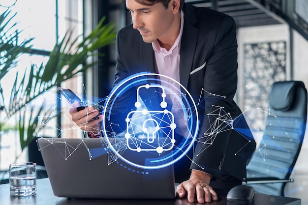 Businessman in suit checking cyber security using smart phone to protect clients confidential information IT hologram lock icons over modern panoramic office background