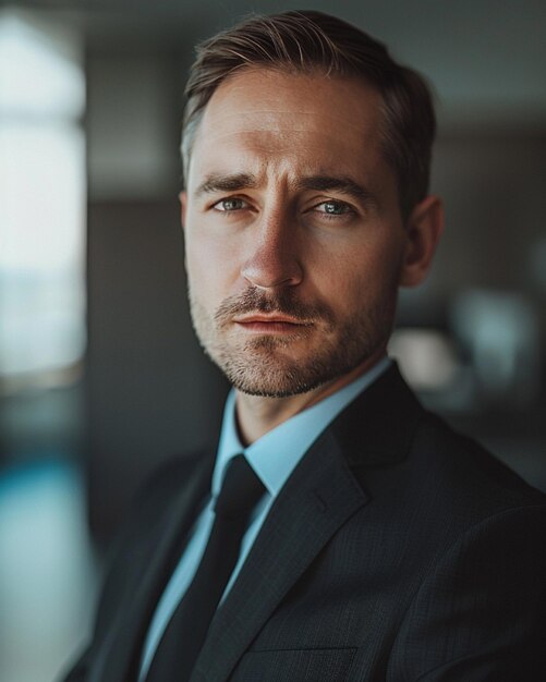 Photo businessman in a suit confidence stands eye on camera