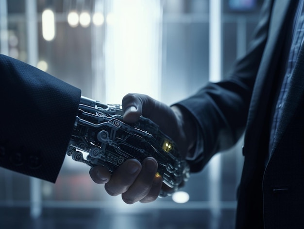 Businessman in a suit handshake with AI robot Generative AI