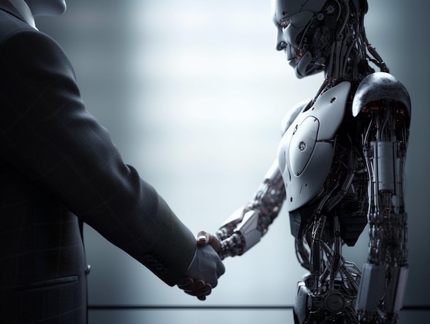 Businessman in a suit handshake with AI robot Generative AI