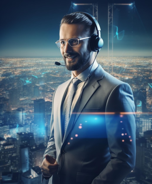 Businessman in Suit and Headphones Standing in Front of Cityscape