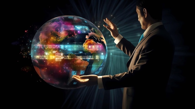 Businessman in suit holding planet earth in his hands