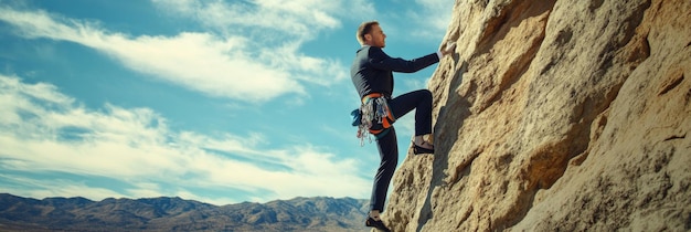 A Businessman in a Suit is Climbing a Rock Concept of overcoming difficulties on the way to success