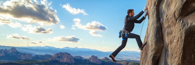 A Businessman in a Suit is Climbing a Rock Concept of overcoming difficulties on the way to success