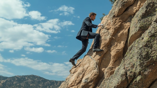 A Businessman in a Suit is Courageously Climbing a Rock Face Challenging His Own Limitations