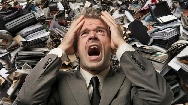 Photo a businessman in a suit is overwhelmed gripping his head in frustration surrounded by a chaotic pile of paperwork and documents in a cluttered office environment