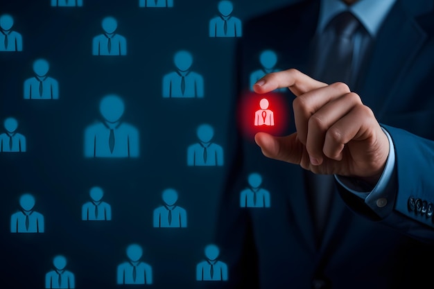 A businessman in a suit is pointing to a red glowing padlock icon among several blue people icons on