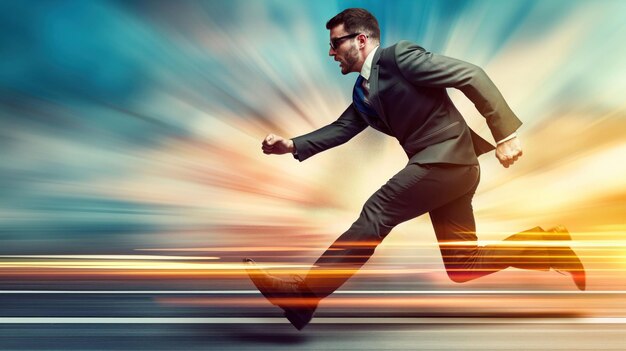 Photo a businessman in a suit is sprinting down a city street creating a sense of urgency against a vibrant sunset backdrop capturing a moment of speed and determination