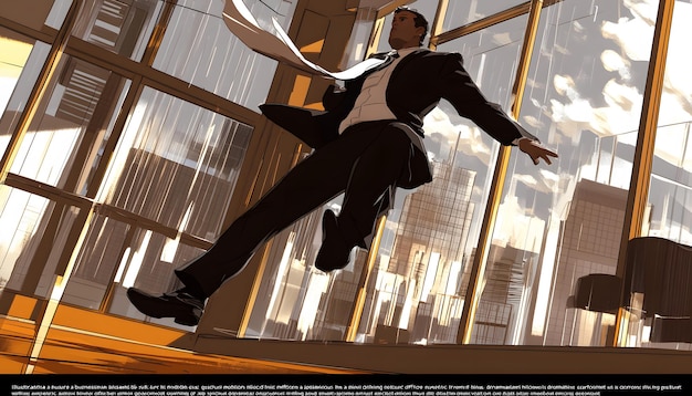 Photo businessman in a suit leaping through a window in a skyscraper