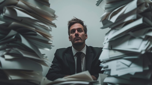 A businessman in a suit looks stressed surrounded by towering stacks of paperwork in a cluttered off