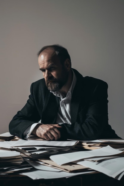 A businessman in a suit looks stressed surrounded by towering stacks of paperwork in a cluttered off