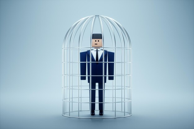 Photo businessman in a suit in a metal cage possibilities are limited business metaphor mind prison problems difficulties 3d render 3d illustration