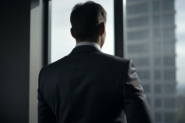 Businessman in suit in office Rear view of unrecognizable stylish male worker looking out window from business center office indoors Generative AI