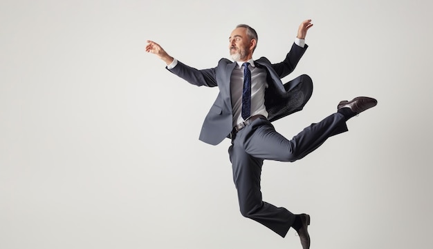 Photo businessman in a suit performing an energetic leap against a plain background he appears joyful and expressive