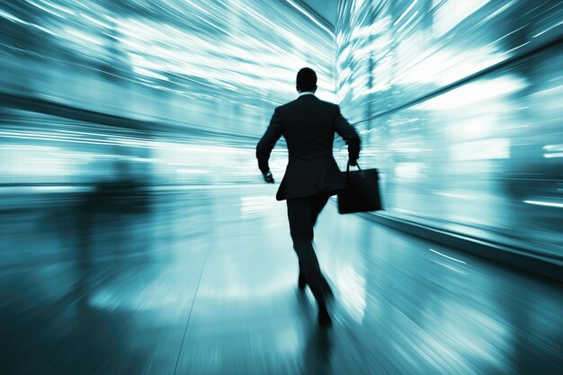 Photo businessman in a suit running with briefcase in a modern office building motion blur effect