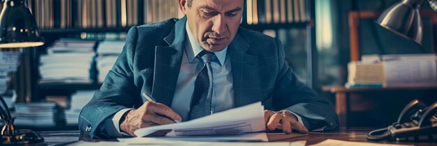 Photo a businessman in a suit sits at a desk focused on signing important documents he is surrounde