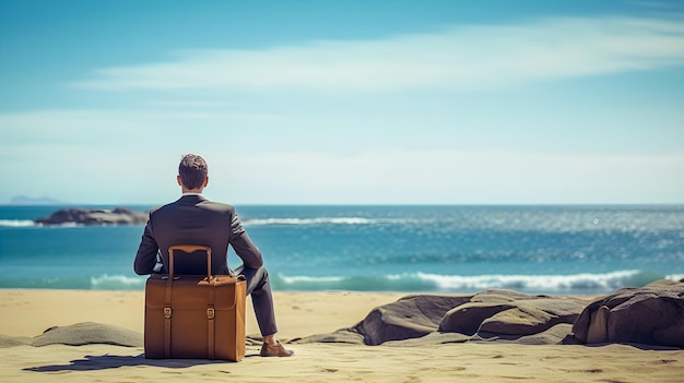 Businessman in suit sitting on a suitcase in front of the sea on the beach Back to work postholiday depression and vacation Generative ai