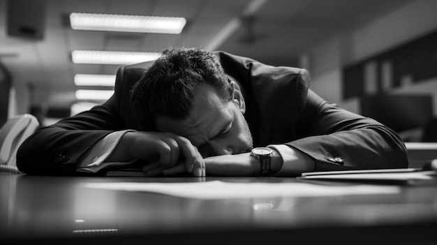 Businessman in a suit sleeping on an office desk looking exhausted The black and white photo illustrates fatigue and overwork in a professional setting