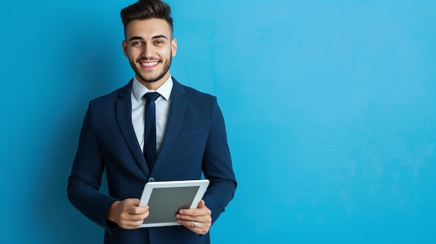 A businessman in a suit smiles and holds a tablet against a bright blue background