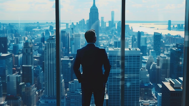 Businessman in suit standing in city adult man looking towards business success