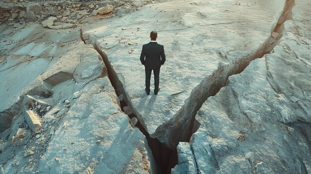 Photo businessman in a suit standing at the edge of a large crack in the ground outdoors on rocky terrain