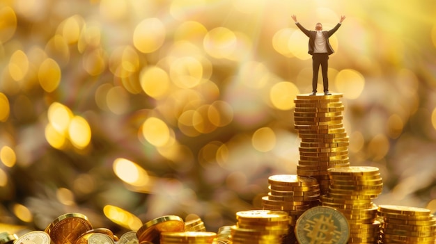 Photo a businessman in a suit stands triumphantly on a stack of gold coins symbolizing financial success a