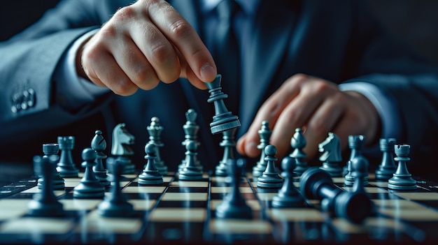 Businessman in suit strategically moving chess piece on chessboardbusiness strategy concept