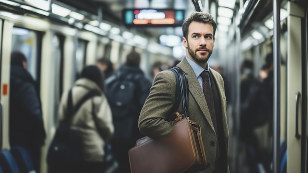 Photo a businessman in a suit and tie stands on a subway platform waiting to board the train