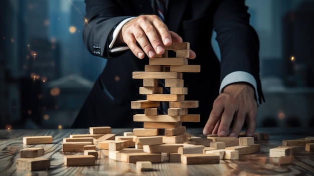 Photo a businessman in a suit tries to build and hold up a wooden tower created with generative ai technology