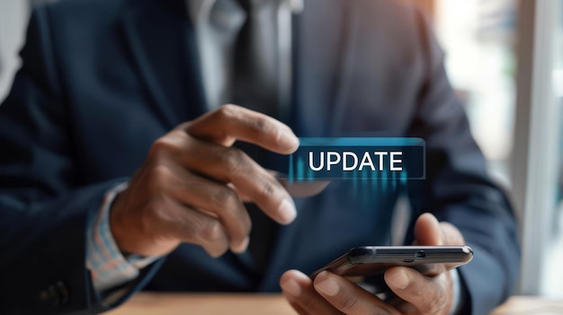 Businessman in suit using smartphone with update displayed software update