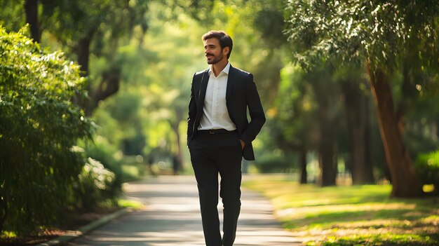 Photo a businessman in a suit walks down a path in a park