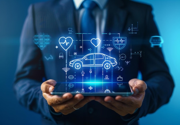 Businessman in Suit with Illuminated Tablet Displaying Icons of Health