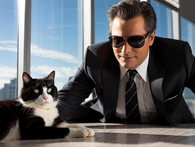 Businessman in Sunglasses with Playful Cat