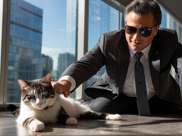 Photo businessman in sunglasses with playful cat