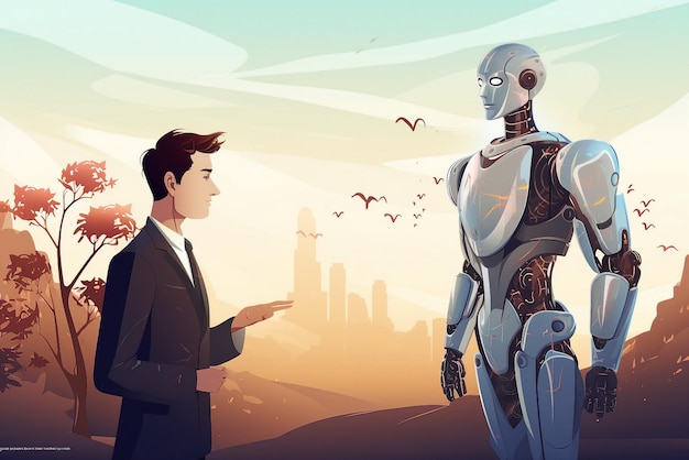 businessman talking with his robot