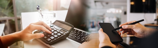 Businessman and team analyzing financial statement Finance task with smart phone and laptop and tablet Wealth management concept