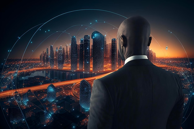 Businessman on technological cityscape background