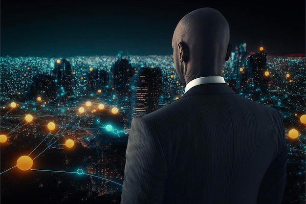 Businessman on technological cityscape background