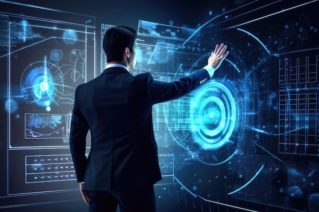 A Businessman Touching a Blue Hologram of Growth Marketing in a Chart Diagram for Business Success