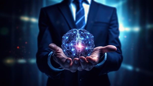 Businessman touching the brain working of Artificial Intelligence