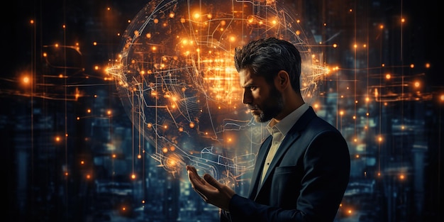 Businessman touching circuit of brain working of Artificial Intelligence AI The futuristic business