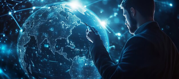 Businessman Touching a Digital Globe with a Pen Tech background