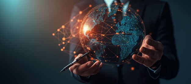 Businessman Touching a Digital Globe with a Pen Tech background